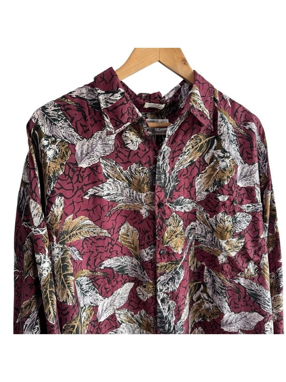 Vintage 80s 90s Dress Shirt 100% Silk Mens XL Maroon Floral Button Front VGUC